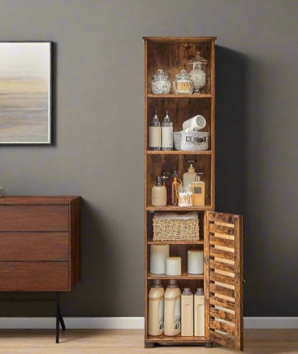 Rustic Brown Floor Cabinet with Door & Open Shelves, Adjustable Storage, 167cm Tall