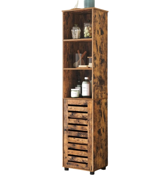 Rustic Brown Floor Cabinet with Door & Open Shelves, Adjustable Storage, 167cm Tall