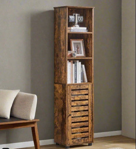 Rustic Brown Floor Cabinet with Door & Open Shelves, Adjustable Storage, 167cm Tall