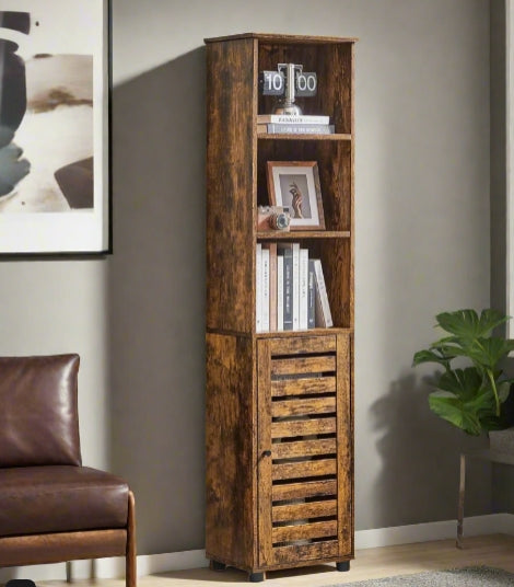 Rustic brown tall floor cabinet with door, open compartments, and adjustable interior shelves

