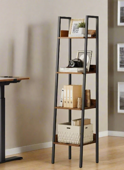 Industrial 4-Tier Ladder Shelf, Rustic Brown & Black Bookcase for Living Room or Office
