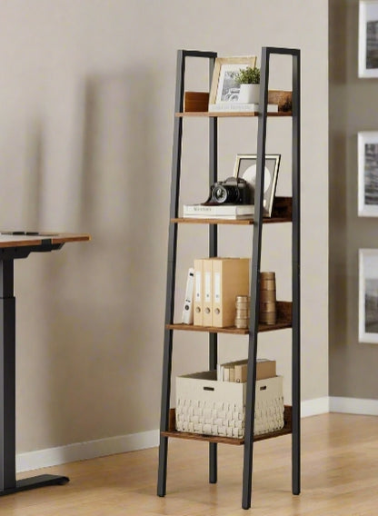 Industrial 4-Tier Ladder Shelf, Rustic Brown & Black Bookcase for Living Room or Office