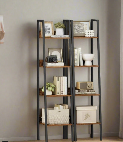 Industrial 4-Tier Ladder Shelf, Rustic Brown & Black Bookcase for Living Room or Office