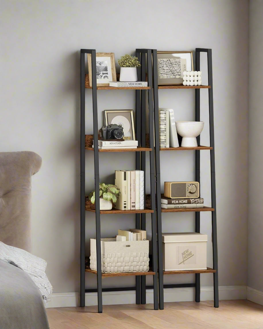 Industrial 4-Tier Ladder Shelf, Rustic Brown & Black Bookcase for Living Room or Office