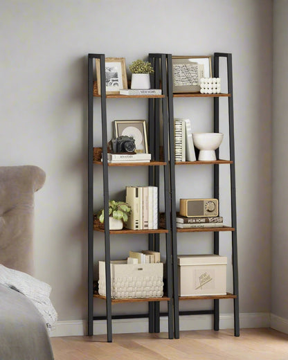Industrial 4-Tier Ladder Shelf, Rustic Brown & Black Bookcase for Living Room or Office