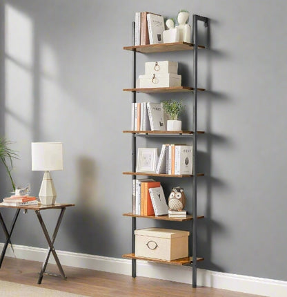 6-Tier Industrial Ladder Shelf, Rustic Brown & Black Tall Bookshelf for Home or Office