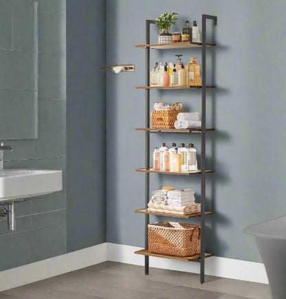 6-Tier Industrial Ladder Shelf, Rustic Brown & Black Tall Bookshelf for Home or Office