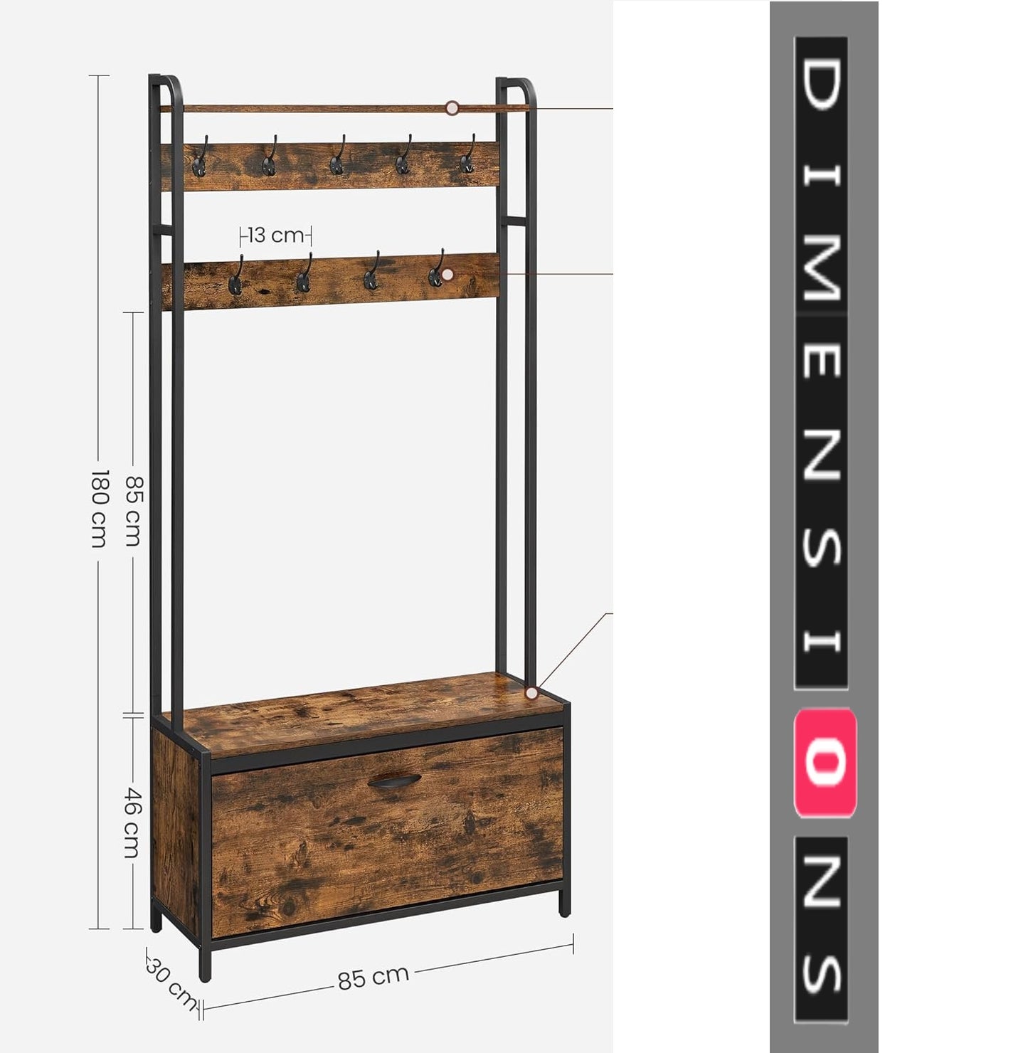 Hall Tree with Bench, Shoe Storage, 9 Hooks, Top Shelf, Industrial Coat Rack for Hallway, Rustic Brown