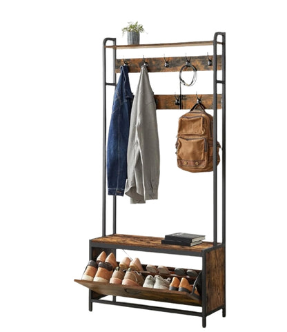 Hall Tree with Bench, Shoe Storage, 9 Hooks, Top Shelf, Industrial Coat Rack for Hallway, Rustic Brown