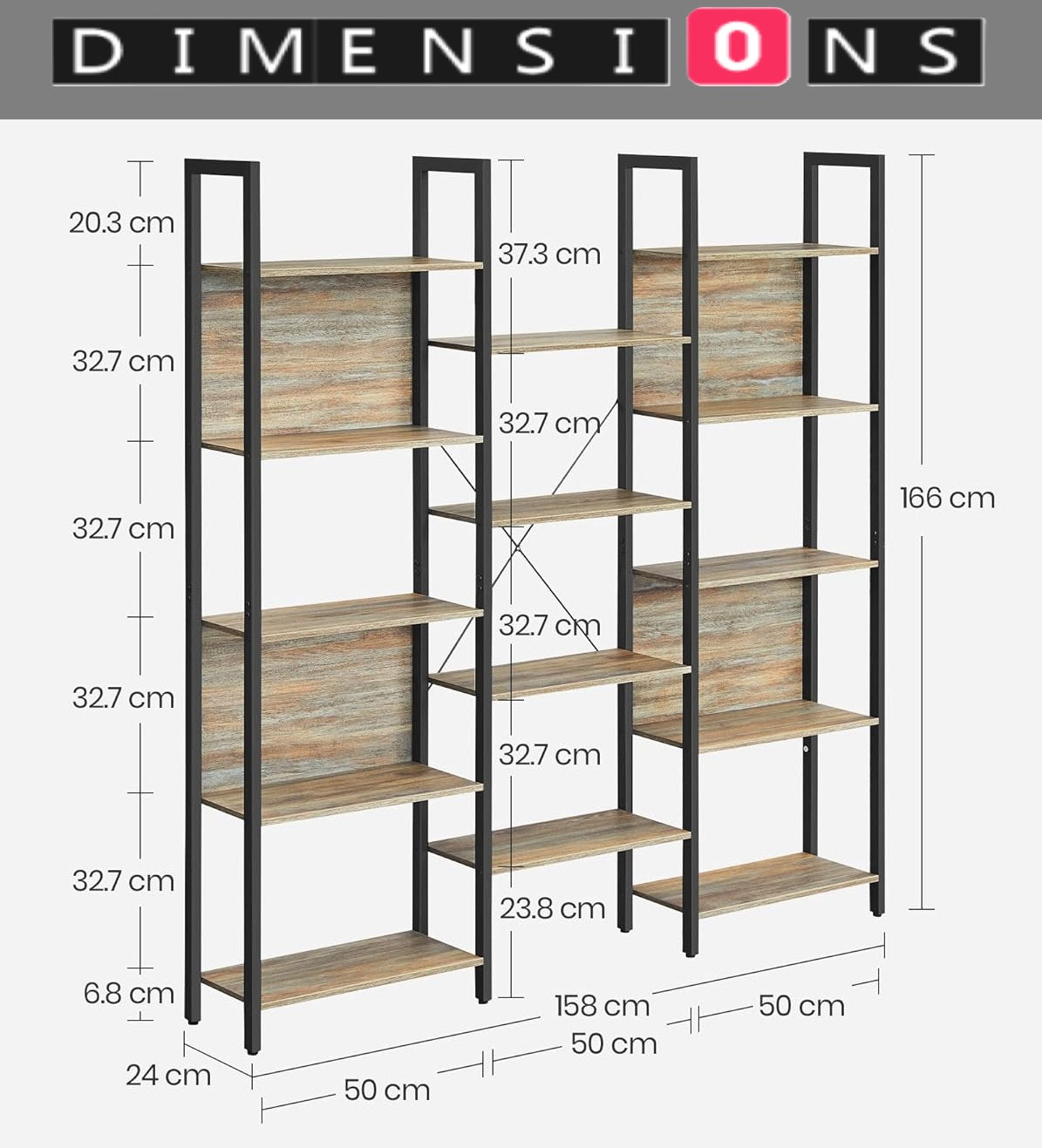 Industrial Bookshelf with 14 Shelves – Turquoise Brown & Black Metal Frame – 158cm Wide Bookcase
