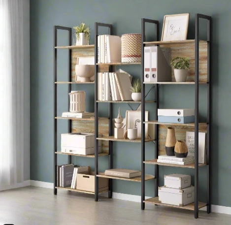 Industrial Bookshelf with 14 Shelves – Turquoise Brown & Black Metal Frame – 158cm Wide Bookcase