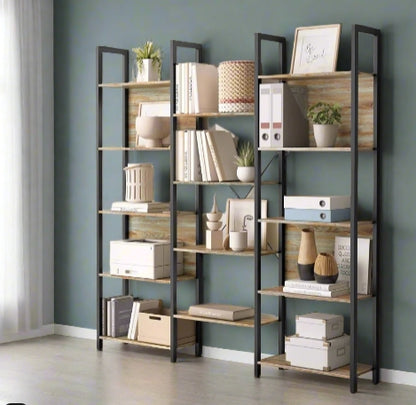 Industrial Bookshelf with 14 Shelves – Turquoise Brown & Black Metal Frame – 158cm Wide Bookcase