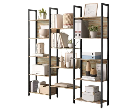 Industrial Bookshelf with 14 Shelves – Turquoise Brown & Black Metal Frame – 158cm Wide Bookcase
