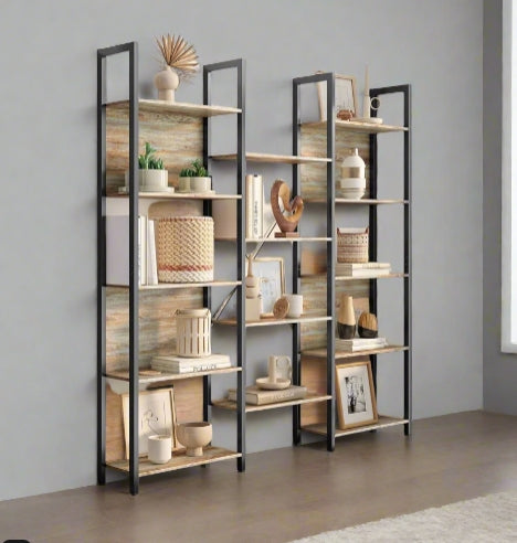 Industrial Bookshelf with 14 Shelves – Turquoise Brown & Black Metal Frame – 158cm Wide Bookcase