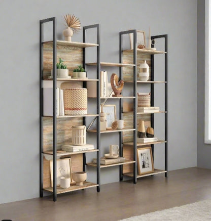 Industrial Bookshelf with 14 Shelves – Turquoise Brown & Black Metal Frame – 158cm Wide Bookcase