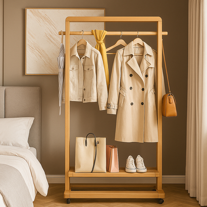 Rolling Bamboo Clothes Rail with Shelf – Heavy Duty Wooden Garment Hanging Stand with Wheels
