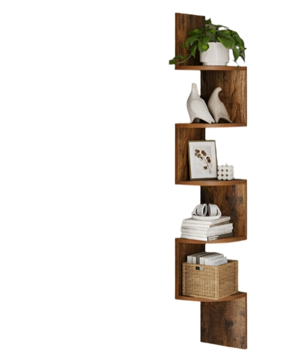 Rustic Brown 5-Tier Corner Wall Shelf – Floating Display Bookcase
