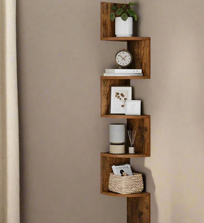 Rustic Brown 5-Tier Corner Wall Shelf – Floating Display Bookcase