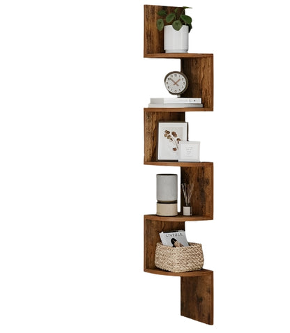 Rustic Brown 5-Tier Corner Wall Shelf – Floating Display Bookcase