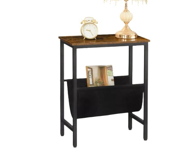 Rustic Brown Narrow Side Table – Small Bedside End Table with Metal Frame for Bedroom or Living Room