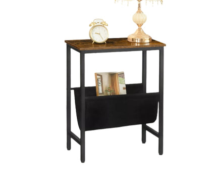 Rustic Brown Narrow Side Table – Small Bedside End Table with Metal Frame for Bedroom or Living Room