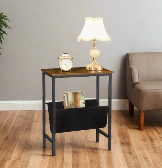 Rustic Brown Narrow Side Table – Small Bedside End Table with Metal Frame for Bedroom or Living Room