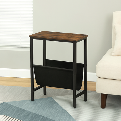 Rustic Brown Narrow Side Table – Small Bedside End Table with Metal Frame for Bedroom or Living Room