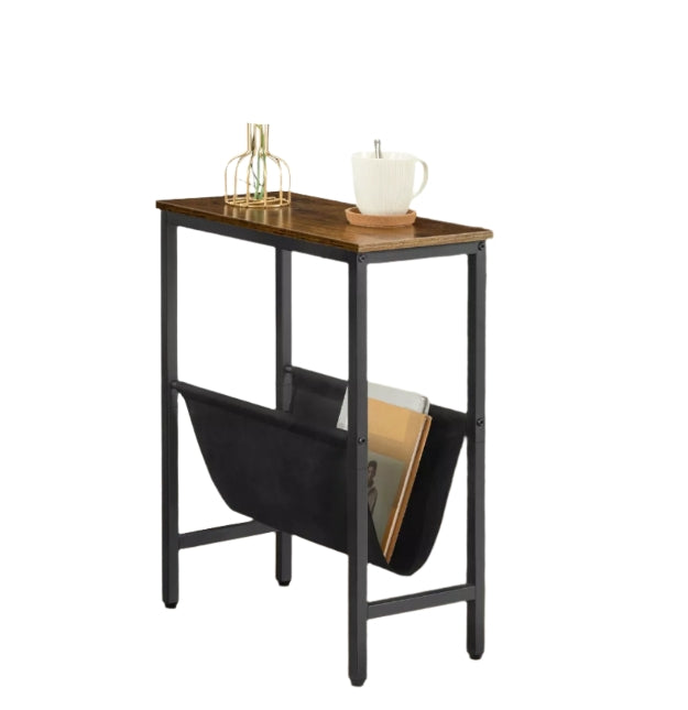 Rustic Brown Narrow Side Table – Small Bedside End Table with Metal Frame for Bedroom or Living Room