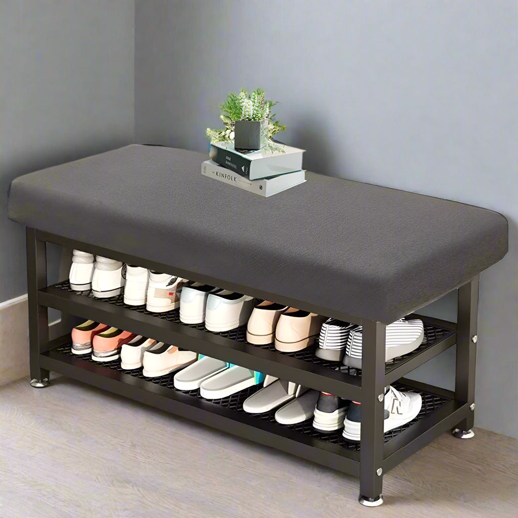 2-Tier Shoe Bench with Padded Cushion – Shoe Rack Storage Organizer with Adjustable Feet