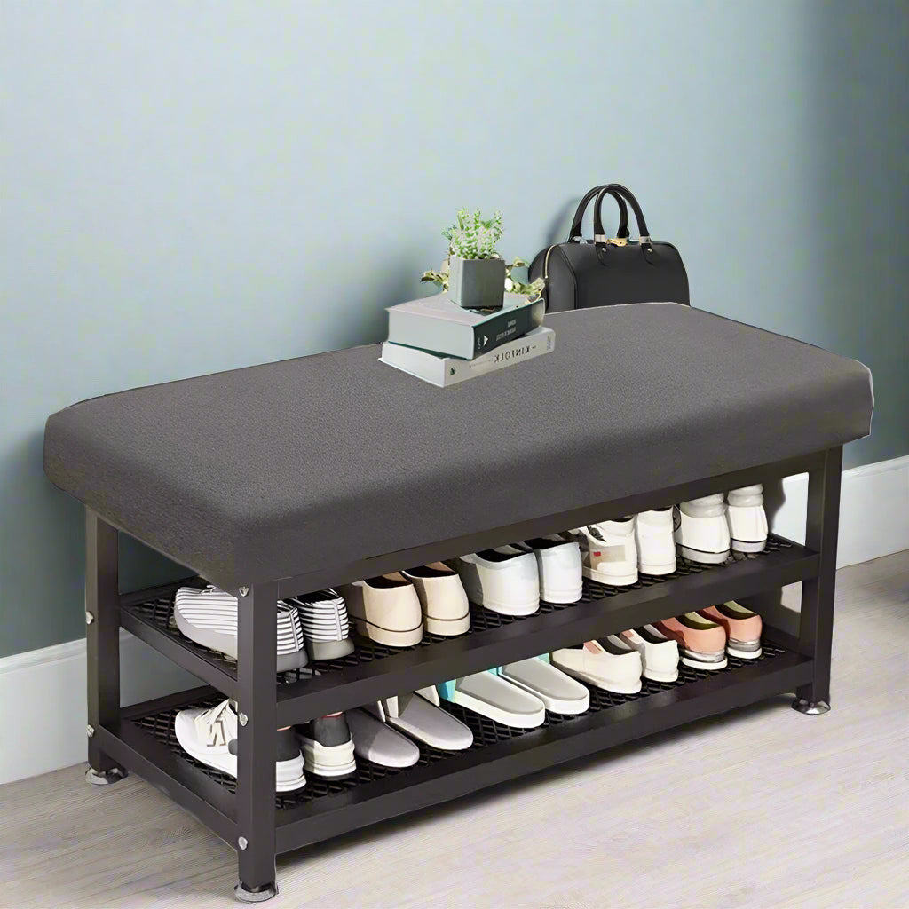 2-Tier Shoe Bench with Padded Cushion – Shoe Rack Storage Organizer with Adjustable Feet