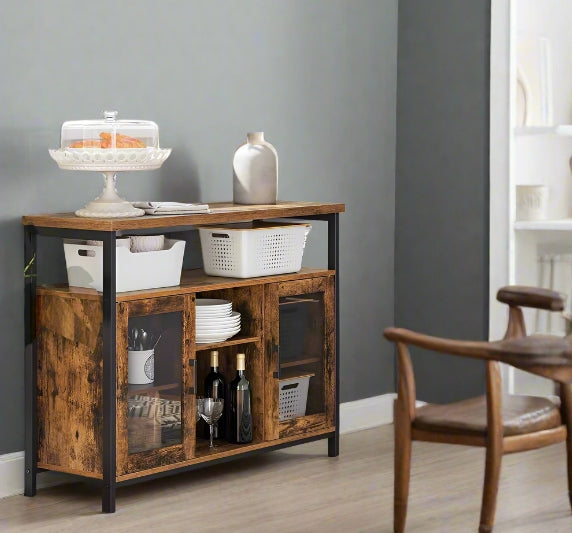Rustic Sideboard Buffet Table with Glass Doors – Storage Cabinet with Adjustable Shelves