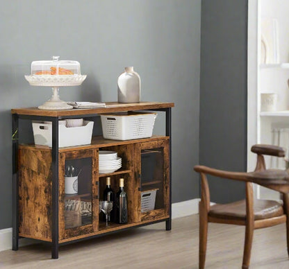 Rustic Sideboard Buffet Table with Glass Doors – Storage Cabinet with Adjustable Shelves