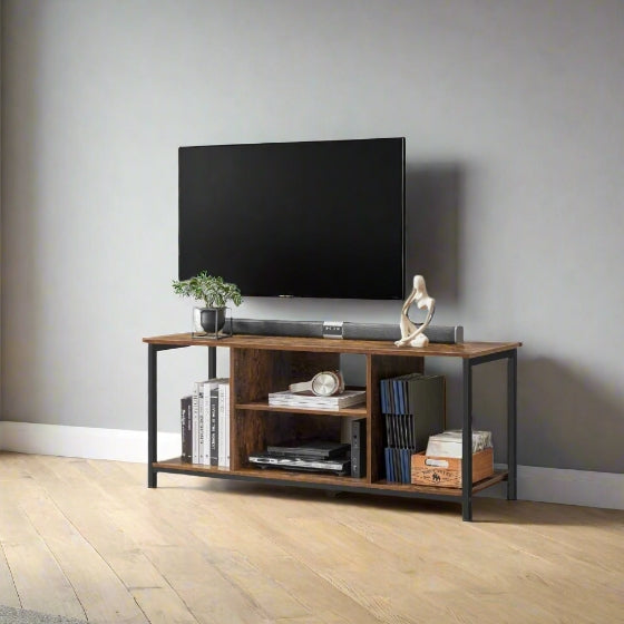 Rustic brown and black TV stand with open shelves for 60-inch TVs in industrial living room setup

