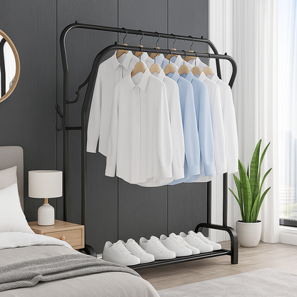 Heavy Duty Metal Double Rail Clothes Rack – Freestanding Garment Stand with Shelf