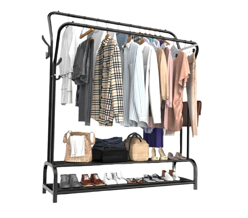 Heavy Duty Metal Double Rail Clothes Rack – Freestanding Garment Stand with Shelf