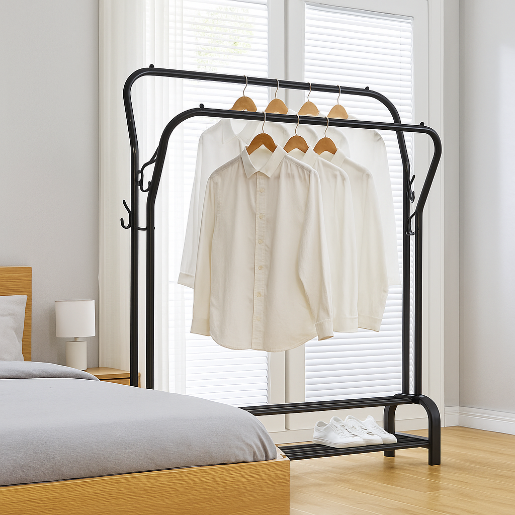 Heavy Duty Metal Double Rail Clothes Rack – Freestanding Garment Stand with Shelf