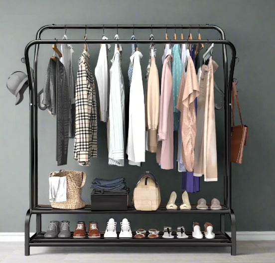 Heavy Duty Metal Double Rail Clothes Rack – Freestanding Garment Stand with Shelf