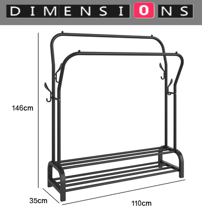 Heavy Duty Metal Double Rail Clothes Rack – Freestanding Garment Stand with Shelf
