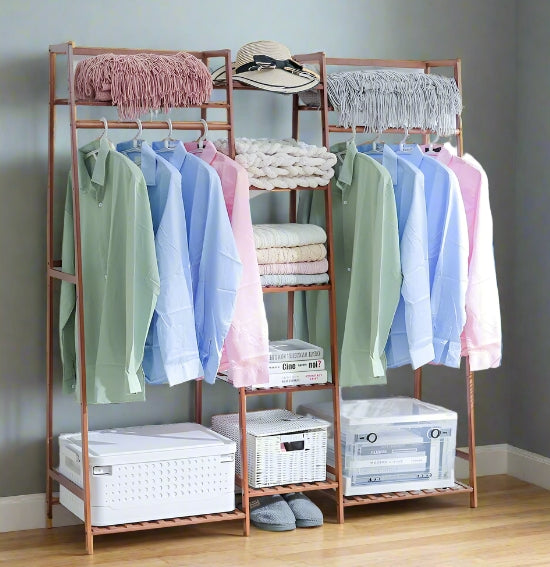Large Wooden Clothes Rail Rack – Heavy Duty Garment Stand Corner Open Wardrobe Shelf Organizer