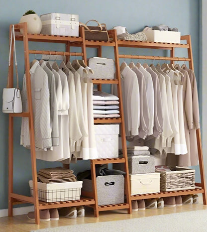 Large Wooden Clothes Rail Rack – Heavy Duty Garment Stand Corner Open Wardrobe Shelf Organizer