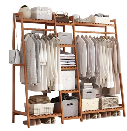 Large Wooden Clothes Rail Rack – Heavy Duty Garment Stand Corner Open Wardrobe Shelf Organizer
