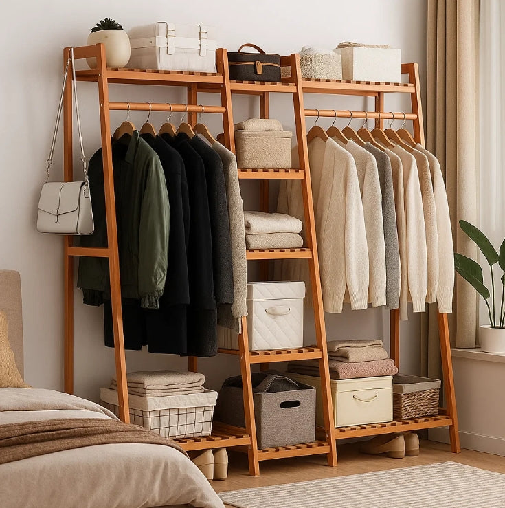 Large Wooden Clothes Rail Rack – Heavy Duty Garment Stand Corner Open Wardrobe Shelf Organizer