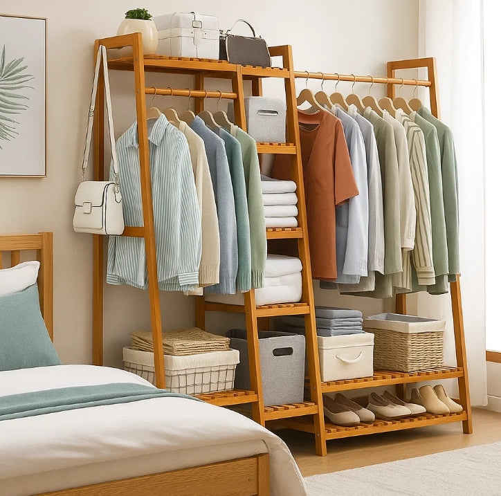 Large Wooden Clothes Rail Rack – Heavy Duty Garment Stand Corner Open Wardrobe Shelf Organizer