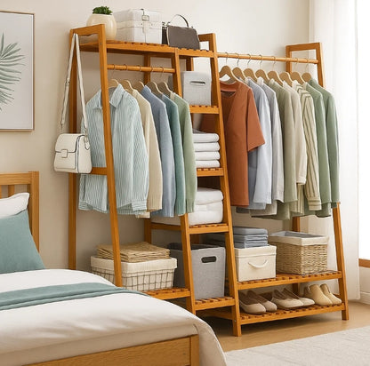 Large Wooden Clothes Rail Rack – Heavy Duty Garment Stand Corner Open Wardrobe Shelf Organizer