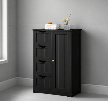 Bathroom Floor Cabinet Wooden Freestanding Storage with 4 Drawers & 1 Door Adjustable Shelf – Black