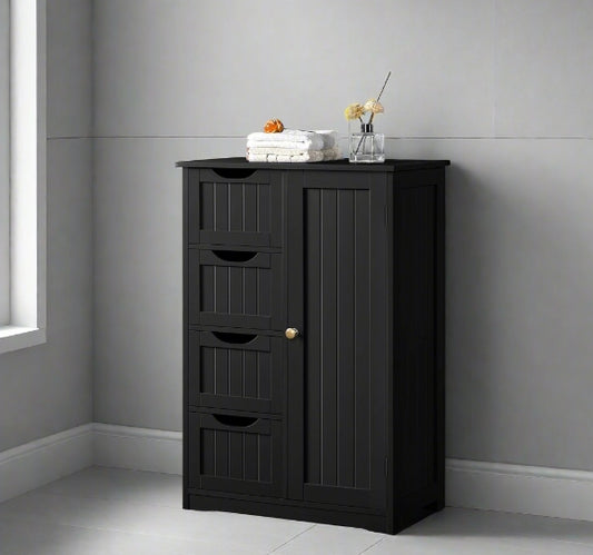 Bathroom Floor Cabinet Wooden Freestanding Storage with 4 Drawers & 1 Door Adjustable Shelf – Black