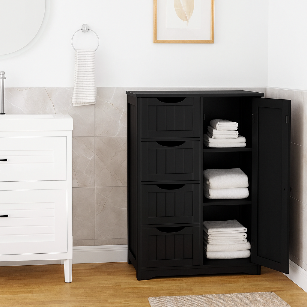 Bathroom Floor Cabinet Wooden Freestanding Storage with 4 Drawers & 1 Door Adjustable Shelf – Black