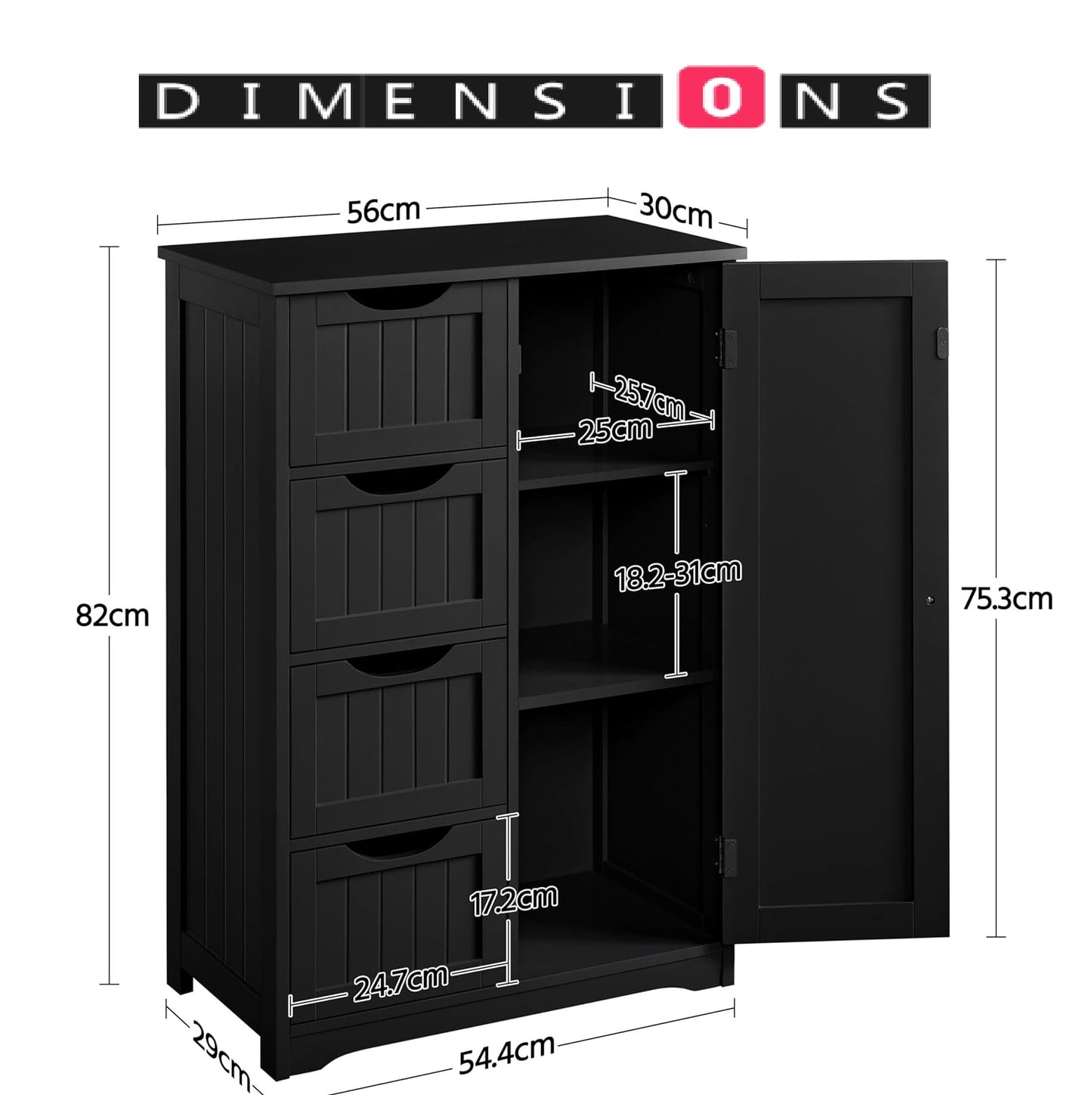 Bathroom Floor Cabinet Wooden Freestanding Storage with 4 Drawers & 1 Door Adjustable Shelf – Black