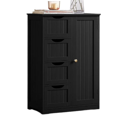 Bathroom Floor Cabinet Wooden Freestanding Storage with 4 Drawers & 1 Door Adjustable Shelf – Black