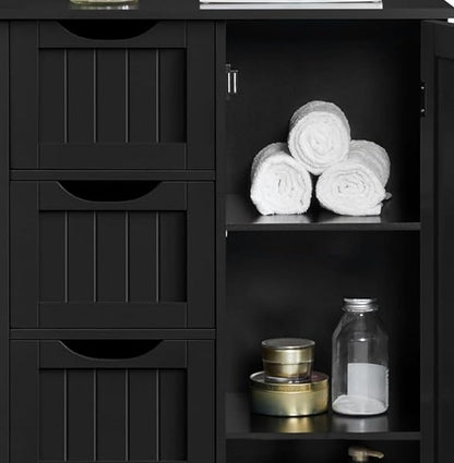 Bathroom Floor Cabinet Wooden Freestanding Storage with 4 Drawers & 1 Door Adjustable Shelf – Black